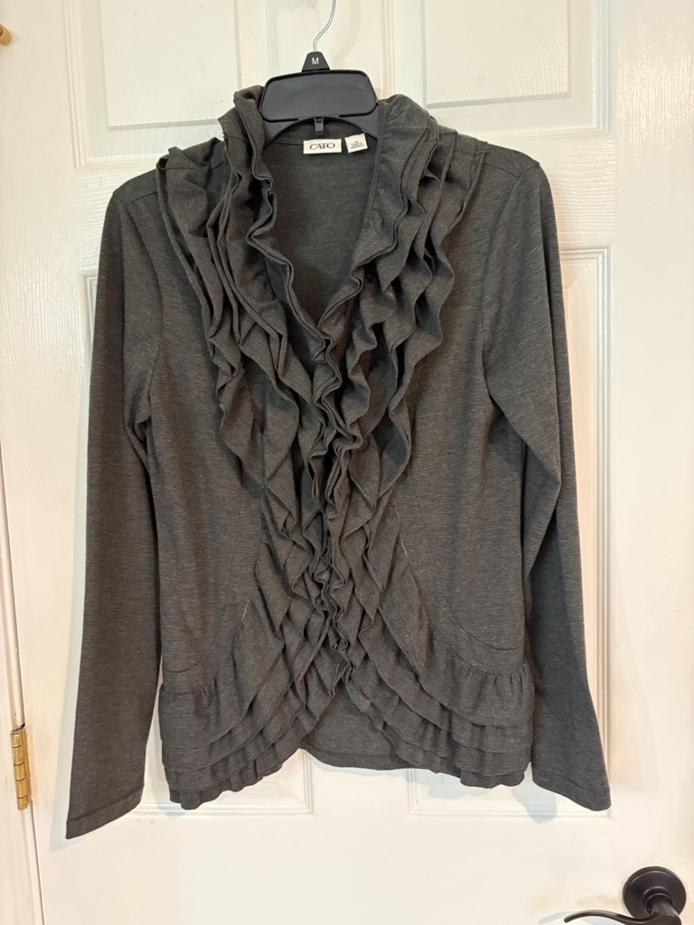 Cato Charcoal Gray Lightweight Ruffled Open Cardigan